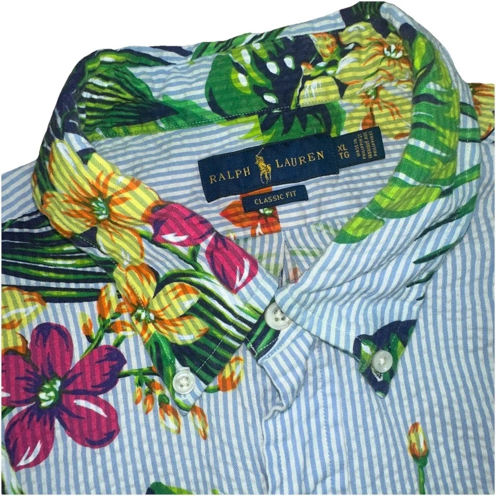 Ralph Lauren Polo Seersucker Hawaiian Shirt XL/TG Floral AOP Button Down